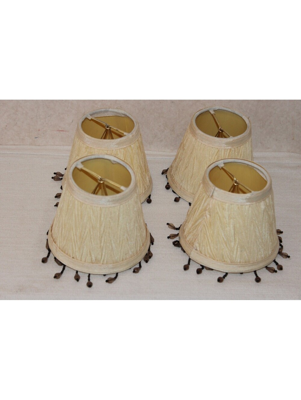 Vintage Clip-On Chandelier Lamp Shades Cream Pleated Beaded Fringe Set of 4
